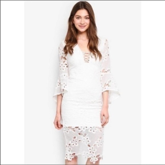 Bardot White Lace Bell Sleeve Boho Dress - Picture 2 of 8